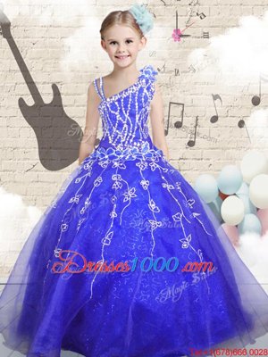 Blue Sleeveless Floor Length Beading and Appliques and Hand Made Flower Lace Up Party Dress
