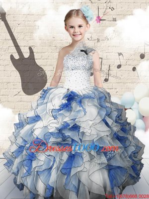 Ball Gowns Party Dresses Blue And White One Shoulder Organza Sleeveless Floor Length Lace Up