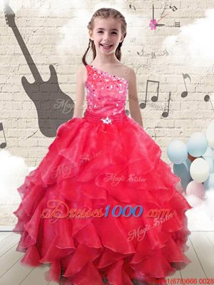 Hot Selling One Shoulder Sleeveless Womens Party Dresses Floor Length Beading and Ruffles Red Organza