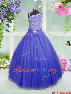 Excellent Blue Asymmetric Side Zipper Beading Kids Pageant Dress Sleeveless