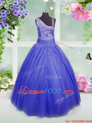 Excellent Blue Asymmetric Side Zipper Beading Kids Pageant Dress Sleeveless