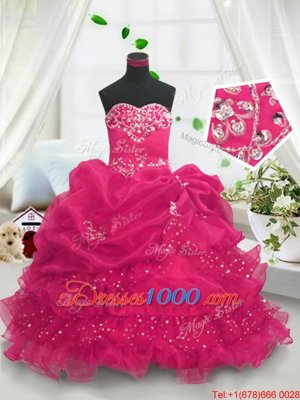 Beading and Ruffled Layers and Pick Ups Little Girls Pageant Dress Hot Pink Lace Up Sleeveless Floor Length
