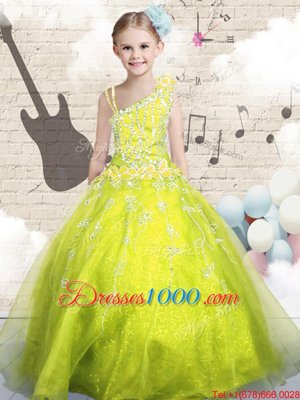 Cute Yellow Green Ball Gowns Beading and Appliques and Hand Made Flower Teens Party Dress Lace Up Organza Sleeveless Floor Length