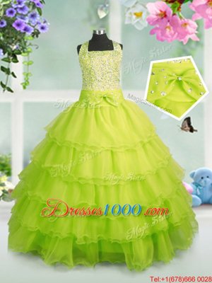 Floor Length Apple Green Juniors Party Dress Organza Sleeveless Beading and Ruffled Layers