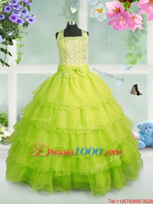 Floor Length Apple Green Juniors Party Dress Organza Sleeveless Beading and Ruffled Layers