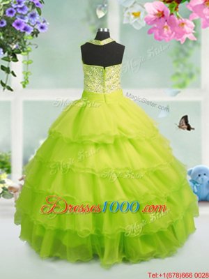 Floor Length Apple Green Juniors Party Dress Organza Sleeveless Beading and Ruffled Layers