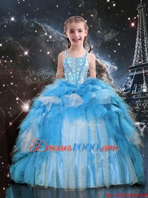 Floor Length Baby Blue Teens Party Dress Spaghetti Straps Sleeveless Lace Up