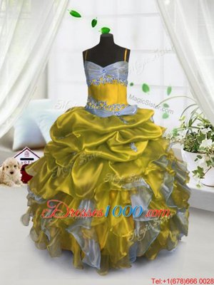On Sale Gold Organza Lace Up Little Girls Pageant Dress Wholesale Sleeveless Floor Length Beading and Ruffles and Pick Ups
