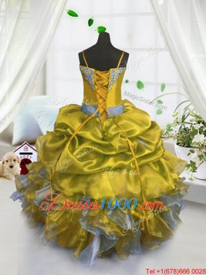 On Sale Gold Organza Lace Up Little Girls Pageant Dress Wholesale Sleeveless Floor Length Beading and Ruffles and Pick Ups