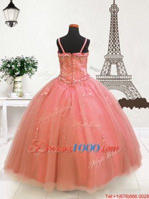 Spaghetti Straps Sleeveless Casual Dresses Floor Length Beading and Appliques Watermelon Red Tulle