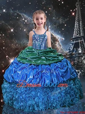 Blue Ball Gowns Spaghetti Straps Sleeveless Organza Floor Length Lace Up Beading and Ruffles and Pick Ups Child Pageant Dress