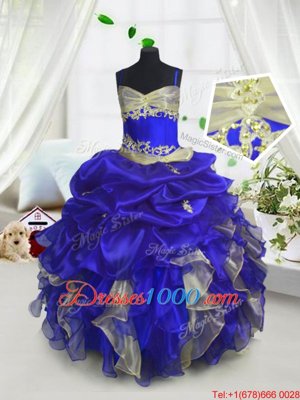 Royal Blue Spaghetti Straps Neckline Beading and Ruffles and Pick Ups Girls Pageant Dresses Sleeveless Lace Up