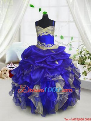 Royal Blue Spaghetti Straps Neckline Beading and Ruffles and Pick Ups Girls Pageant Dresses Sleeveless Lace Up