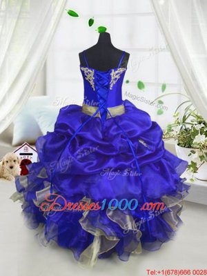 Royal Blue Spaghetti Straps Neckline Beading and Ruffles and Pick Ups Girls Pageant Dresses Sleeveless Lace Up