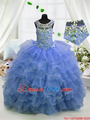 Exquisite Light Blue Scoop Lace Up Beading and Ruffled Layers Party Dress for Toddlers Sleeveless