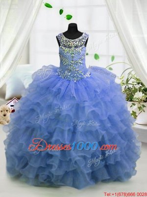 Exquisite Light Blue Scoop Lace Up Beading and Ruffled Layers Party Dress for Toddlers Sleeveless