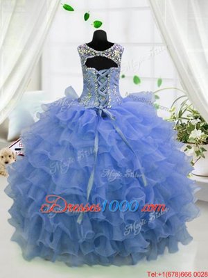 Exquisite Light Blue Scoop Lace Up Beading and Ruffled Layers Party Dress for Toddlers Sleeveless