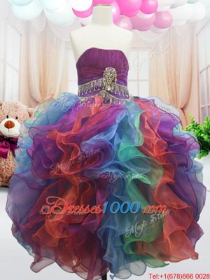 Organza Strapless Sleeveless Zipper Beading and Ruffles Girls Pageant Dresses in Multi-color