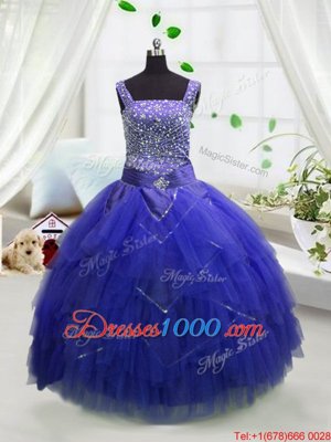 Elegant Royal Blue Lace Up Straps Beading and Ruffles Juniors Party Dress Tulle Sleeveless