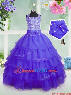 Best Purple Ball Gowns Beading and Ruffled Layers Little Girl Pageant Gowns Zipper Organza Sleeveless Floor Length