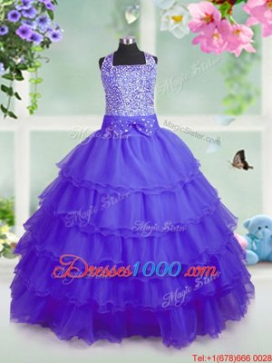 Best Purple Ball Gowns Beading and Ruffled Layers Little Girl Pageant Gowns Zipper Organza Sleeveless Floor Length