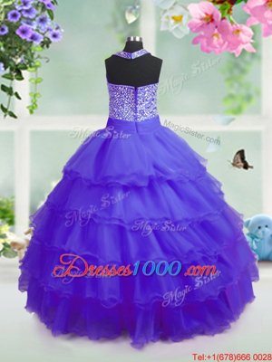 Best Purple Ball Gowns Beading and Ruffled Layers Little Girl Pageant Gowns Zipper Organza Sleeveless Floor Length