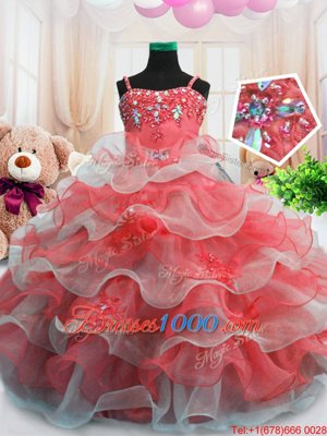 Top Selling Sleeveless Organza Floor Length Zipper Kids Pageant Dress in Red for with Beading and Ruffled Layers