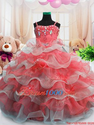 Top Selling Sleeveless Organza Floor Length Zipper Kids Pageant Dress in Red for with Beading and Ruffled Layers