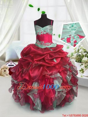 Latest Red Organza Lace Up Spaghetti Straps Sleeveless Floor Length Girls Pageant Dresses Beading and Ruffles