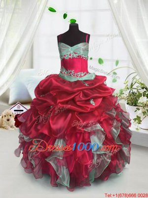 Latest Red Organza Lace Up Spaghetti Straps Sleeveless Floor Length Girls Pageant Dresses Beading and Ruffles