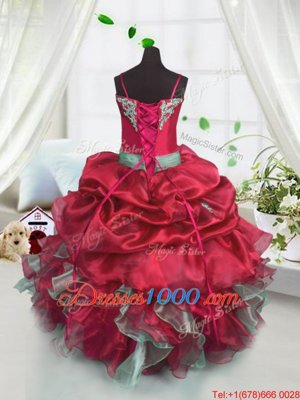 Latest Red Organza Lace Up Spaghetti Straps Sleeveless Floor Length Girls Pageant Dresses Beading and Ruffles