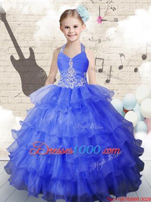 Halter Top Ruffled Royal Blue Sleeveless Organza Lace Up Little Girls Pageant Dress for Party and Wedding Party