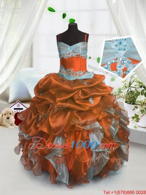 Modern Sleeveless Floor Length Beading and Ruffles and Pick Ups Lace Up Kids Formal Wear with Rust Red