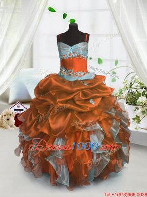 Modern Sleeveless Floor Length Beading and Ruffles and Pick Ups Lace Up Kids Formal Wear with Rust Red