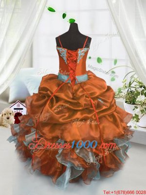 Modern Sleeveless Floor Length Beading and Ruffles and Pick Ups Lace Up Kids Formal Wear with Rust Red