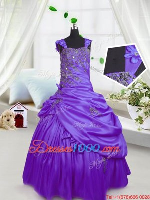 Cute Purple Satin Lace Up Straps Sleeveless Floor Length Little Girls Pageant Gowns Beading and Pick Ups