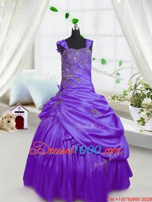 Cute Purple Satin Lace Up Straps Sleeveless Floor Length Little Girls Pageant Gowns Beading and Pick Ups