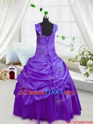 Cute Purple Satin Lace Up Straps Sleeveless Floor Length Little Girls Pageant Gowns Beading and Pick Ups