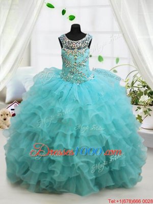 Sweet Scoop Floor Length Lace Up Little Girls Pageant Dress Aqua Blue and In for Party and Wedding Party with Beading and Ruffled Layers