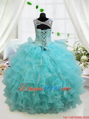 Sweet Scoop Floor Length Lace Up Little Girls Pageant Dress Aqua Blue and In for Party and Wedding Party with Beading and Ruffled Layers