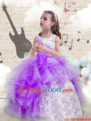Scoop Eggplant Purple Lace Up Girls Pageant Dresses Beading and Ruffled Layers Sleeveless Floor Length