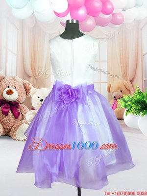 Spectacular Scoop Lilac Organza Zipper Flower Girl Dresses Sleeveless Knee Length Hand Made Flower