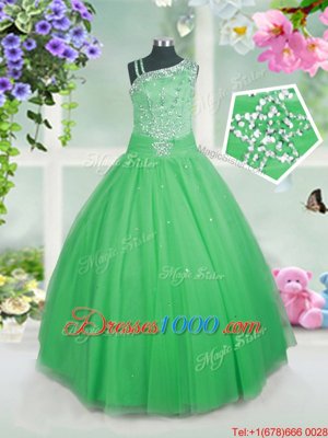 High Quality Floor Length Green Little Girls Pageant Dress Wholesale Tulle Sleeveless Beading