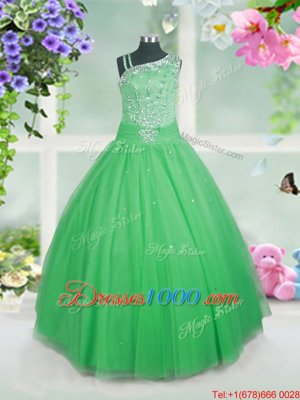 High Quality Floor Length Green Little Girls Pageant Dress Wholesale Tulle Sleeveless Beading