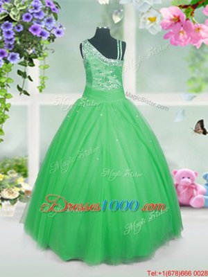 High Quality Floor Length Green Little Girls Pageant Dress Wholesale Tulle Sleeveless Beading