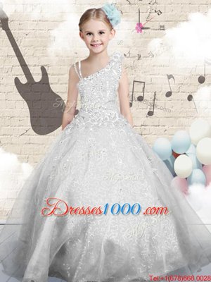 Silver Asymmetric Lace Up Beading and Appliques and Hand Made Flower Juniors Party Dress Sleeveless