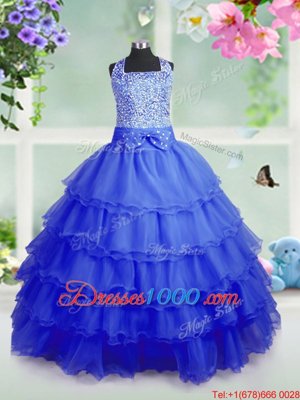 Affordable Royal Blue Zipper Square Beading and Ruffled Layers Kids Pageant Dress Organza Sleeveless