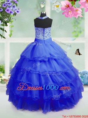 Affordable Royal Blue Zipper Square Beading and Ruffled Layers Kids Pageant Dress Organza Sleeveless
