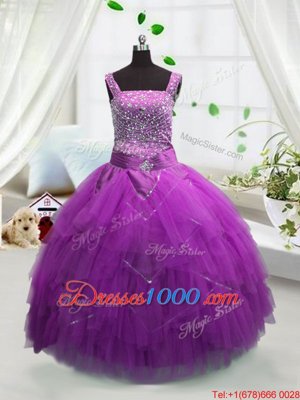 Fuchsia Straps Lace Up Beading and Ruffles Womens Party Dresses Sleeveless