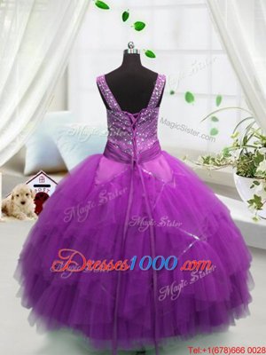 Fuchsia Straps Lace Up Beading and Ruffles Womens Party Dresses Sleeveless